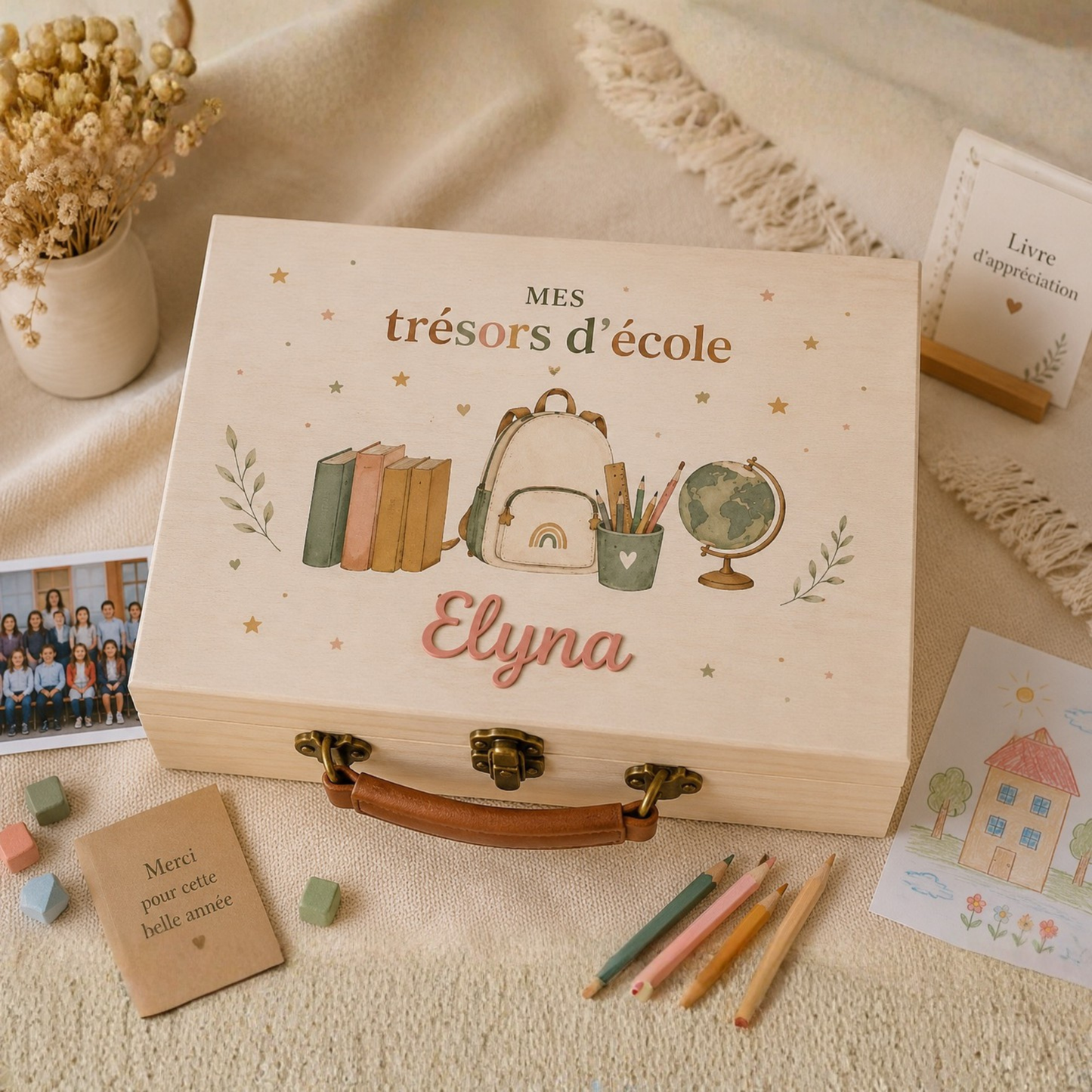Valisette en bois souvenirs d'école personnalisée