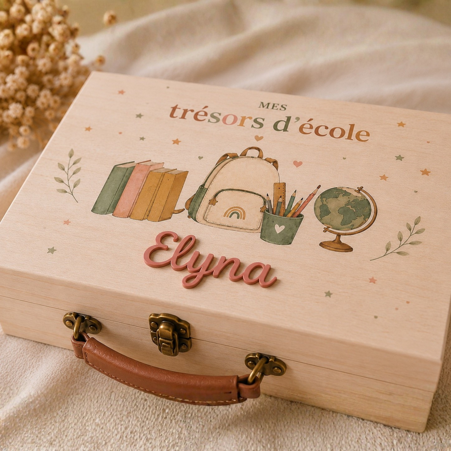 Valisette en bois souvenirs d'école personnalisée